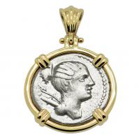 Roman Republic 73 BC, goddess Diana and Hunting Hound denarius in 14k gold pendant.