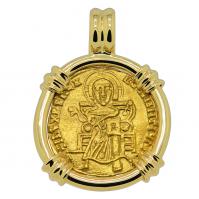 Byzantine 871-886, Jesus Christ with Basil I and Constantine solidus in 14k gold pendant.
