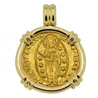 Venice 1414-1423, Jesus Christ and Saint Mark ducat in 14k gold pendant.