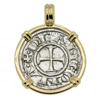 Ancona 1280-1320, Cross Pattee and Saint Judas Cyriacus grosso agontano in 14k gold pendant.