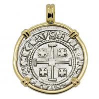 Cyprus 1285-1324 Henry II, last ruling King of Jerusalem, gros grand Crusader coin in 14k gold pendant.