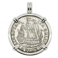 Dutch 6 stuivers ship shilling dated 1773, in 14k white gold pendant.