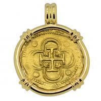Spanish 2 escudos Doubloon 1566-1590 in 14k gold pendant.