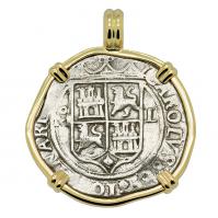 Colonial Spanish Mexico 1548-1553, Johanna and Charles I two reales in 14k gold pendant.