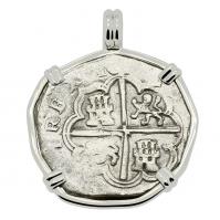 Spanish 4 reales 1611-1616 in 14k white gold pendant, 1622 Portuguese Shipwreck, Mozambique, Africa.