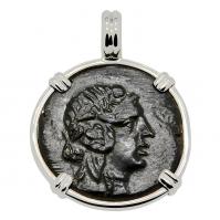 Greek 110-90 BC, God of Wine Dionysus and thyrsus bronze coin in 14k white gold pendant.