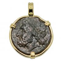 Greek 261-240 BC, Poseidon and Trident tetras in 14k gold pendant.