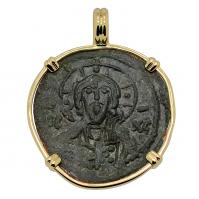 Byzantine 1078�1081, bronze follis in 14k gold pendant.