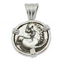 Greek 386-338 BC, lion hemidrachm in 14k white gold pendant.