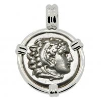 Greek 328-323 BC Lifetime Issue, Alexander the Great drachm in 14k white gold pendant.