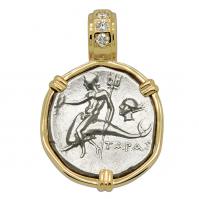 Greek - Italy 272-240 BC, Taras riding Dolphin and Horseman nomos in 14k gold pendant with diamonds.