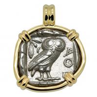 Greek 454-404 BC, Owl and Athena tetradrachm in 14k gold pendant.