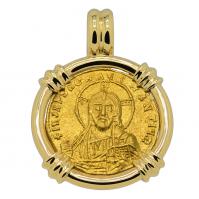 Byzantine 945-959, Jesus Christ with Constantine VII and Romanus II solidus in 14k gold pendant.