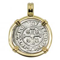 Cyprus 1285-1324 Henry II, last ruling King of Jerusalem, gros petit Crusader coin in 14k gold pendant.