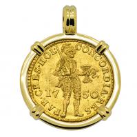 Dutch Ducat dated 1750 in 18k gold pendant. 