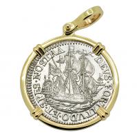 Dutch 6 stuivers ship shilling dated 1677 in 14k gold pendant.