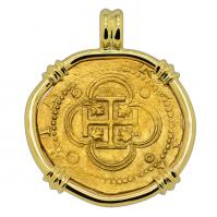 Spanish 4 escudos 1566-1590 in 18k gold pendant.