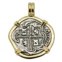 Colonial Spanish Peru one real 1577-1598 in 14k gold pendant.