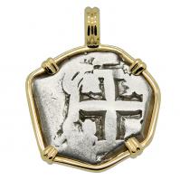 Colonial Spanish Peru, King Ferdinand VI two reales dated 1752 in 14k gold pendant.