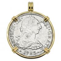 Spanish 8 reales dated 1783 in 14k gold pendant, The 1784 Shipwreck that Changed America.