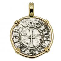 Antioch 1163-1188, Crusader Cross denier in 14k gold pendant.