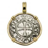 Antioch 1163-1188, Crusader Cross denier in 14k gold pendant.