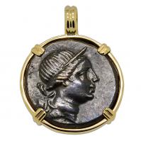 Greek 120-100 BC, Goddess of Women Artemis bronze coin in 14k gold pendant.