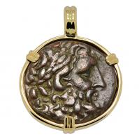 Greek 133-27 BC, God of Medicine Asclepius bronze coin in 14k gold pendant.