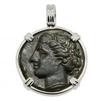 Greek Syracuse 274-269 BC, Persephone and Bull bronze coin in 14k white gold pendant.