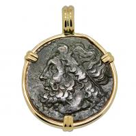 Greek 261-240 BC, Poseidon and Trident tetras in 14k gold pendant.