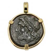 Greek 261-240 BC, Poseidon and Trident tetras in 14k gold pendant.