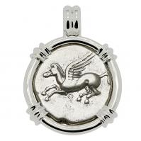 Greek Corinth 405-345 BC, Pegasus and Athena stater in 14k white gold pendant.