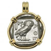 Greek 454-404 BC, Owl and Athena tetradrachm in 14k gold pendant.