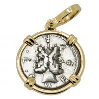 Roman Republic 120 BC, Janus and Roma denarius in 14k gold pendant.