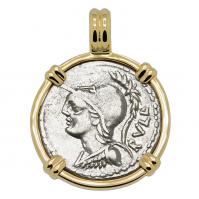 Roman Republic 100 BC, Minerva and Victory Chariot denarius in 14k gold pendant.