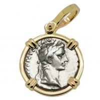 Roman Empire 2 BC - AD 4, Emperor Caesar Augustus denarius in 14k gold pendant.