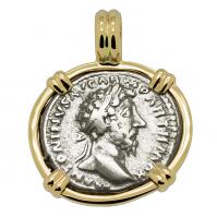 Roman Empire AD 167-168, Marcus Aurelius and Providentia denarius in 14k gold pendant.