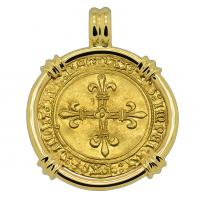 French 1483-1498, Charles VIII ecu d'or au soleil in 18k gold pendant.