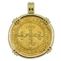 French 1483-1498, Charles VIII ecu d'or au soleil in 14k gold pendant.