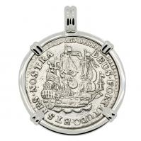 Dutch 6 stuivers ship shilling dated 1755, in 14k white gold pendant.