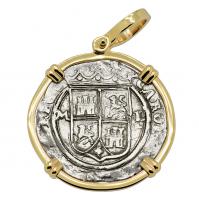 Colonial Spanish Mexico 1548-1553, Johanna and Charles I one real in 14k gold pendant.