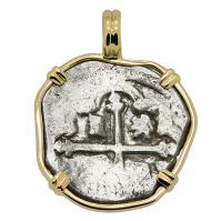 Colonial Spanish Mexico, King Philip IV one real 1634-1665 in 14k gold pendant.