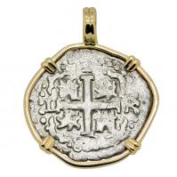 Colonial Spanish Peru, King Charles II one real dated 1687 in 14k gold pendant.