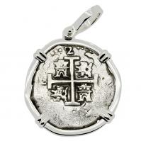 Colonial Spanish Peru, King Philip V two reales dated 1706 in 14k white gold pendant.