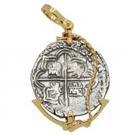 Colonial Spanish King Philip II four reales 1575-1598 in 14k gold anchor pendant.
