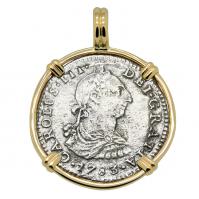 Spanish 1 real dated 1783 in 14k gold pendant, The 1784 Shipwreck that Changed America.