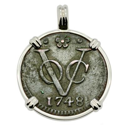 1748 VOC duit coin in 14k white gold pendant