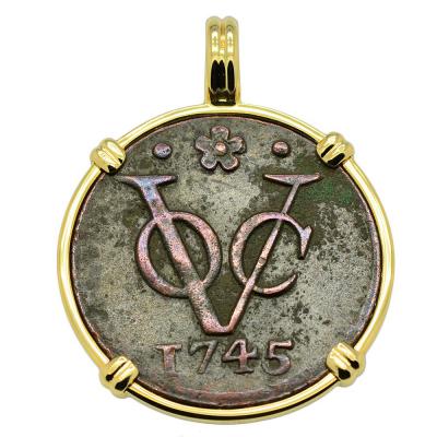 1745 Dutch VOC coin in gold pendant