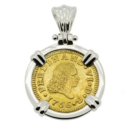 1756 Spanish 1/2 Escudo in white gold pendant