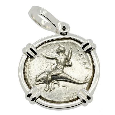 332-302 BC Taras riding Dolphin coin in 14k gold pendant